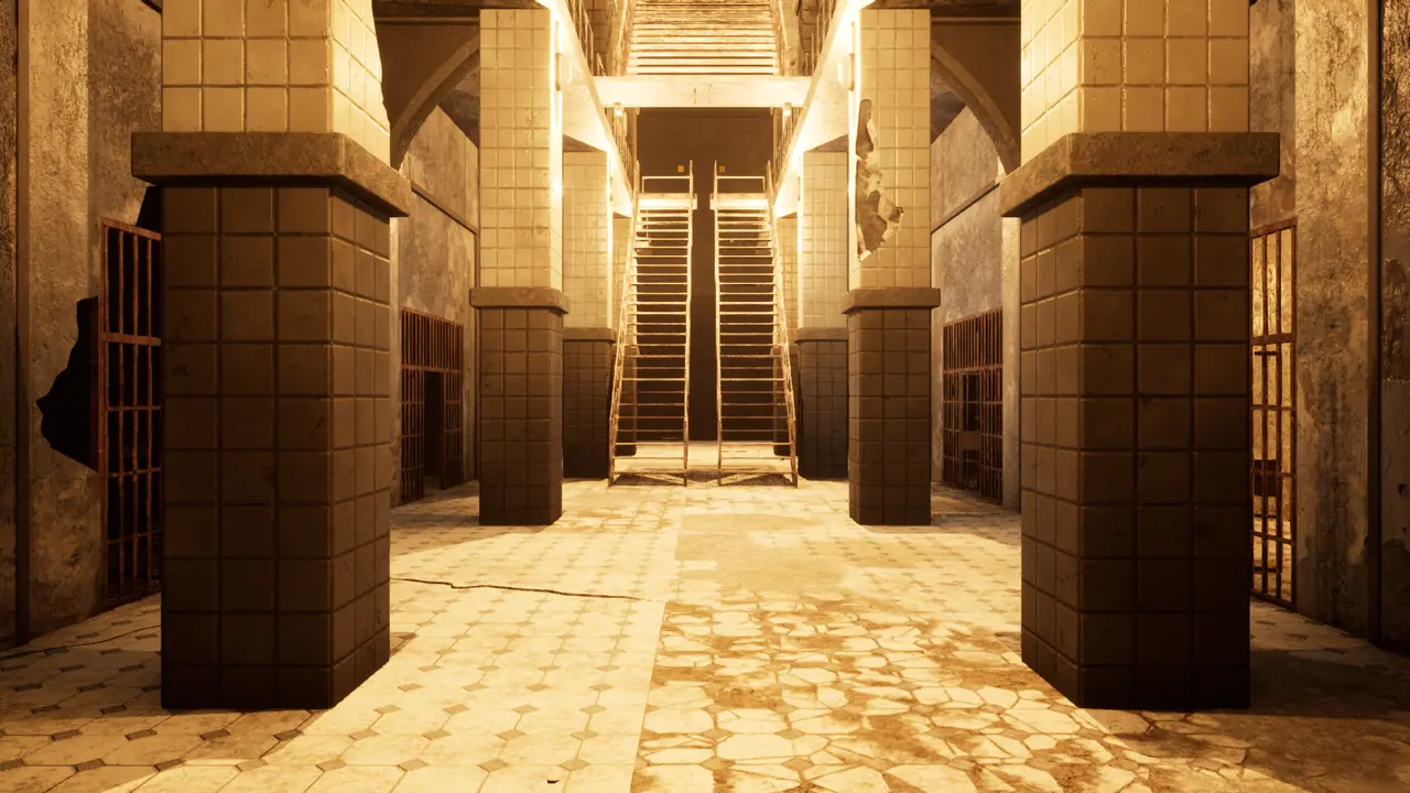 A symmetrical cell-block hall in amber emergency light: tiled pillars, twin iron staircases and rusted cell doors on both sides.