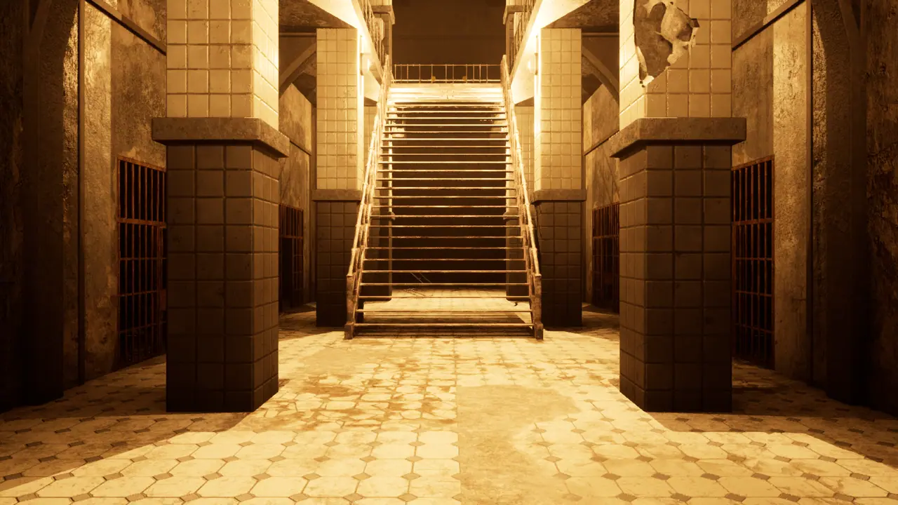 A wide central iron staircase rising between tiled pillars in Cell Block C, washed in sepia emergency light.