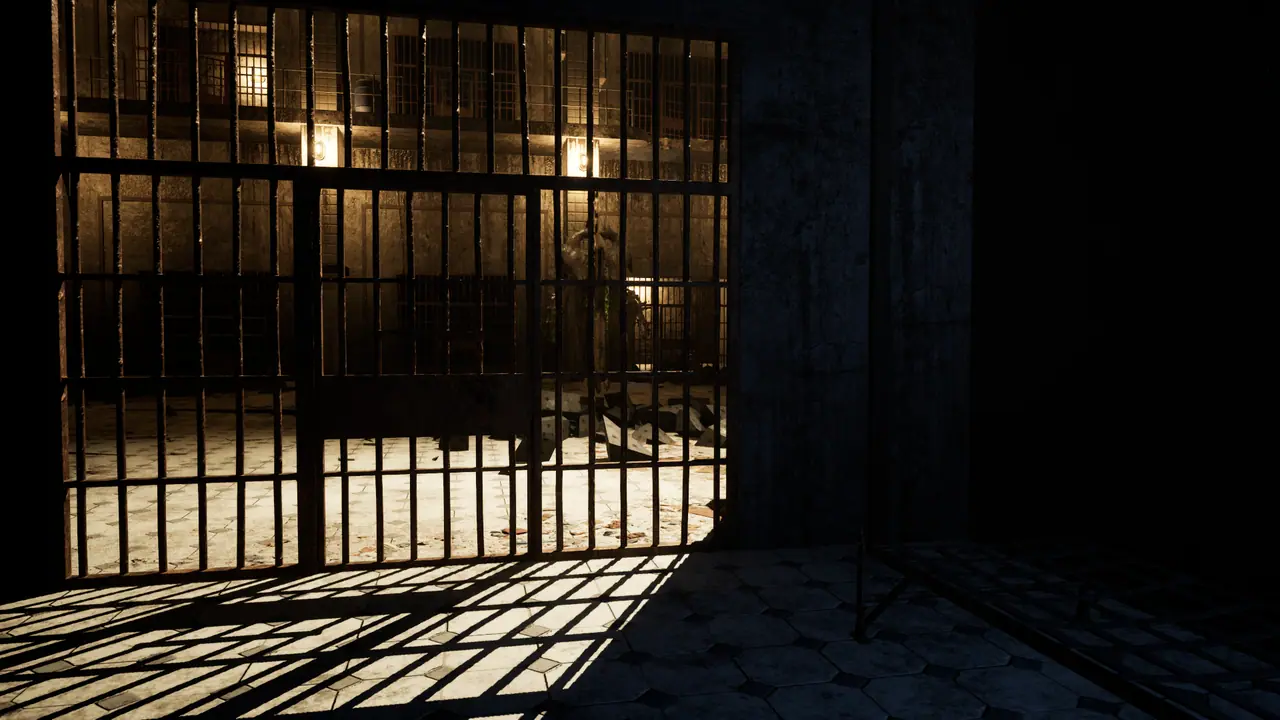 View from inside a dark cell through heavy iron bars. Beyond, a warmly lit tiered cell block, and a dark figure standing on the far side.
