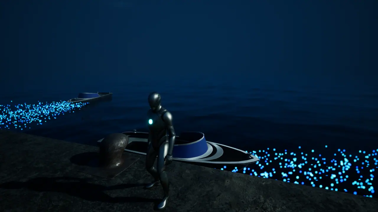 A boat dock at night with two speedboats on dark water and glowing wake effects. A grey placeholder mannequin stands on the dock.