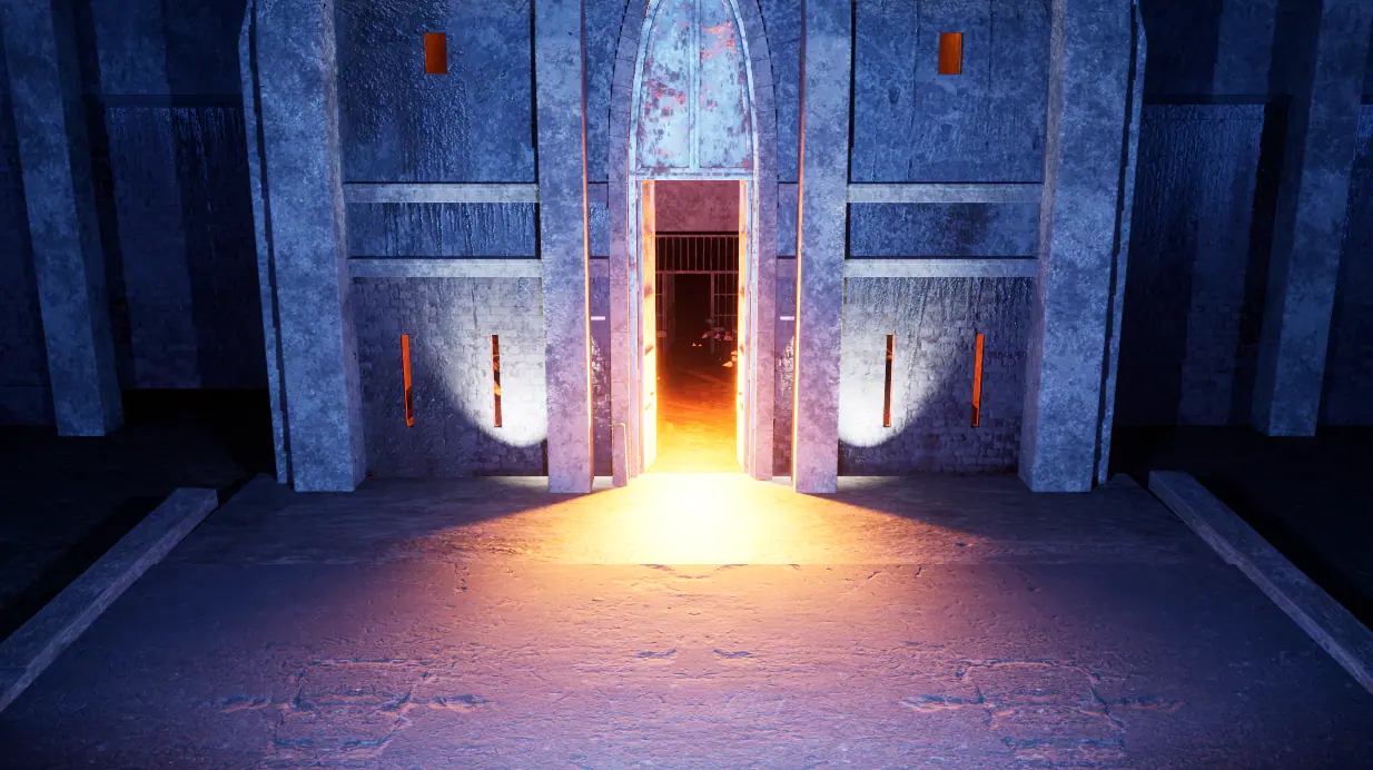 The arched iron main gate of the prison at night, cold blue stone lit by warm orange light pouring out of the open doorway.