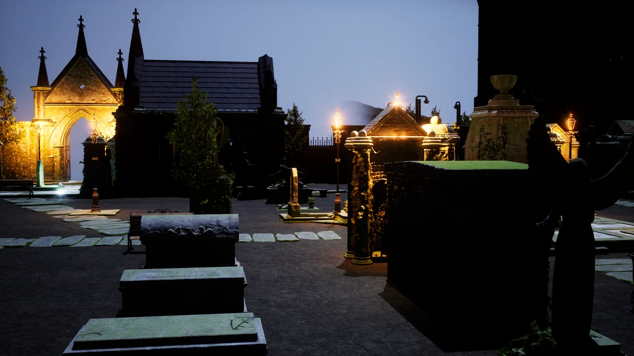 Gravestones, torchlight and mausoleums in the prison graveyard.