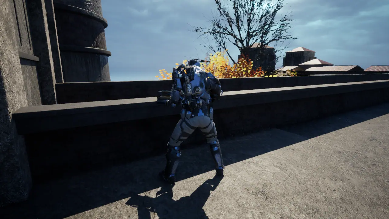 An armored rooftop sharpshooter patrolling a parapet in daylight, autumn trees and prison towers behind.