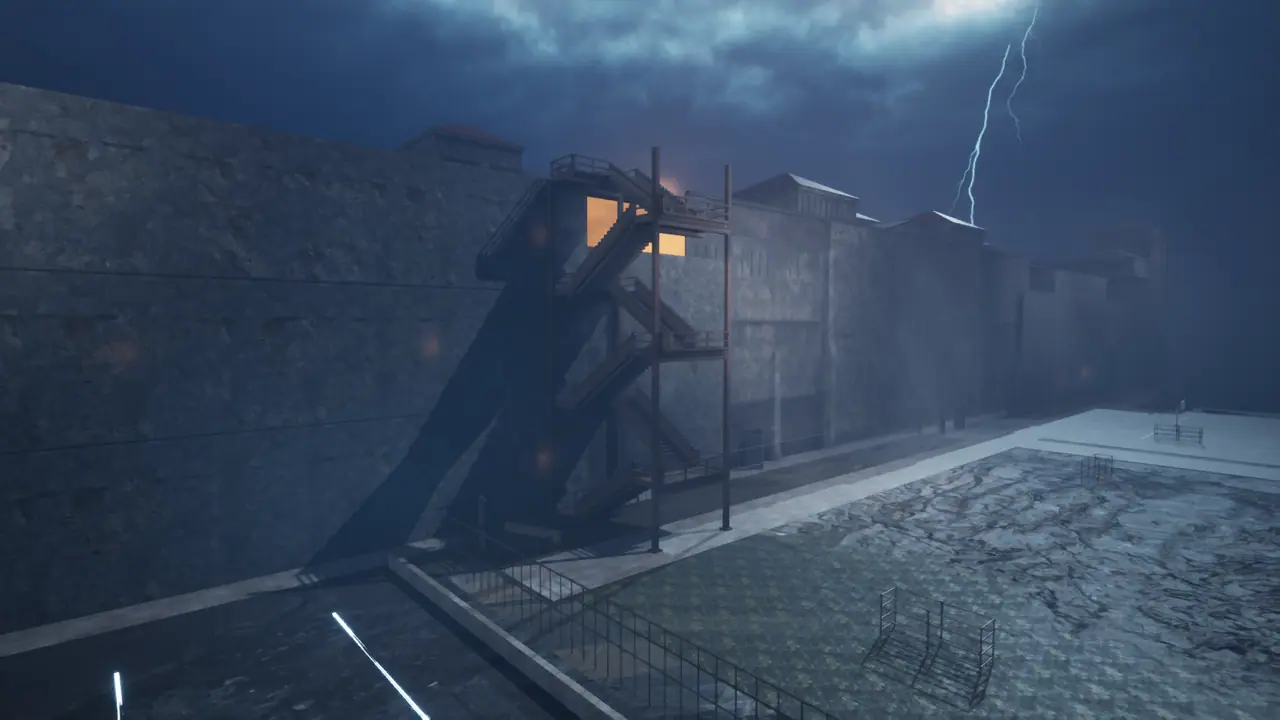 A storm over the prison’s outer wall at night. Lightning strikes behind a rusted fire-escape staircase with two lit windows above the yard.